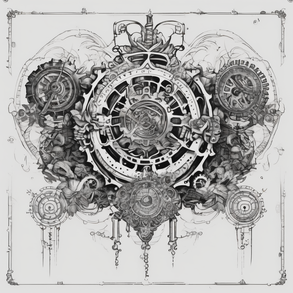 tattoo design for back spine with techno mechanical aspects representing life and eternity. sprockets gears screws levers hearts circles love universe spiral butterfly floral sleeve tattoo, AI-generated Japanese tattoo design